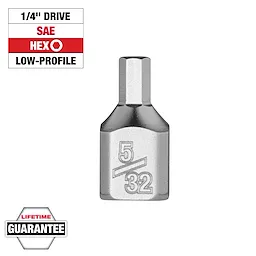 1/4" Drive 5/32" Low-Profile Hex Bit Socket in silver with engraved size, alongside labels for SAE, Hex, and Lifetime Guarantee.