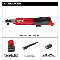 The M12 FUEL™ 3/8" Ratchet kit includes a red lithium-ion battery, paddle trigger cap, and installed button trigger cap. The tool is red and black with Milwaukee branding, featuring a compact design for increased productivity in tight spaces. Ideal for automotive and mechanic applications.