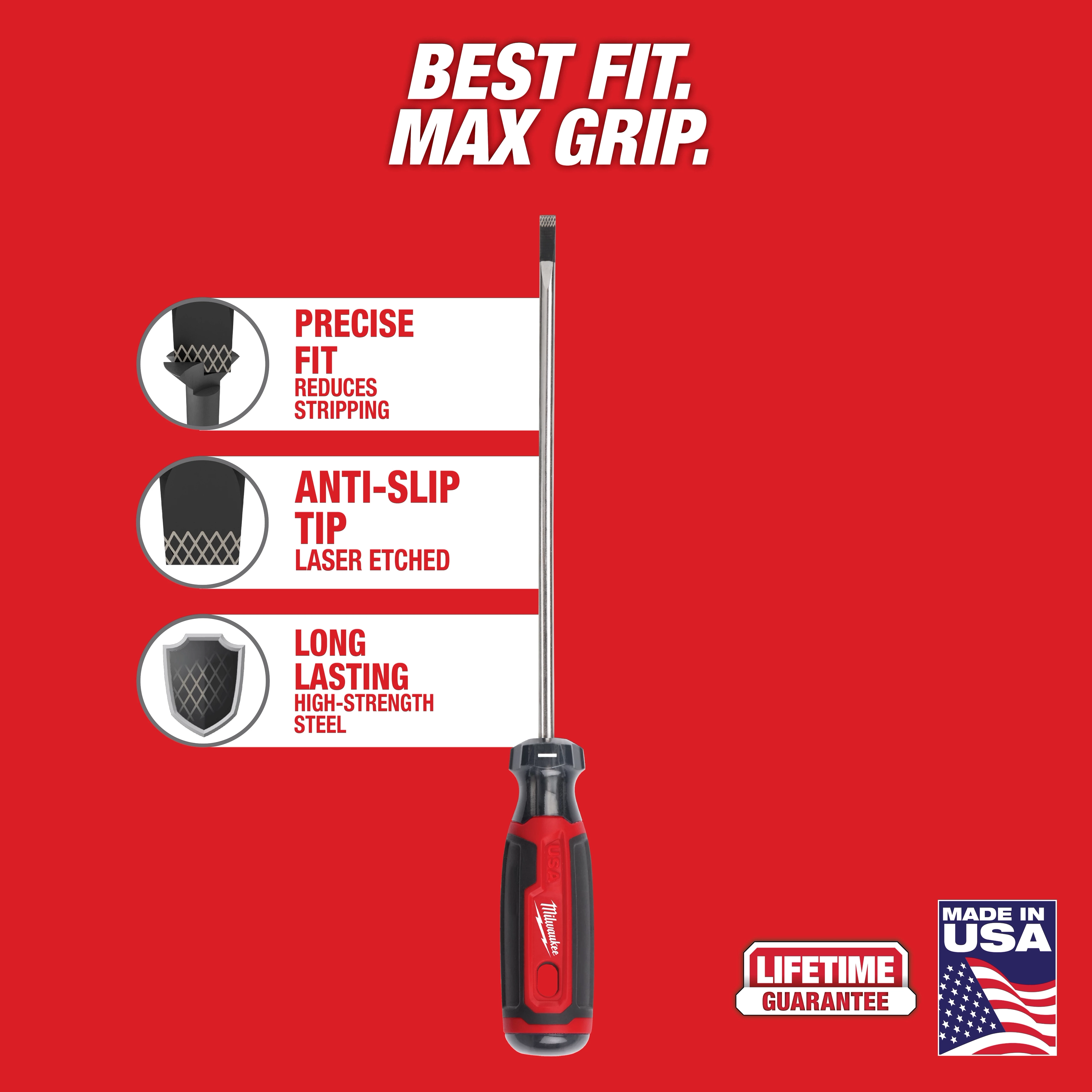 3/16" Cabinet 6" Cushion Grip Screwdriver (USA) with precise fit, anti-slip tip, and long-lasting high-strength steel. Lifetime guarantee.