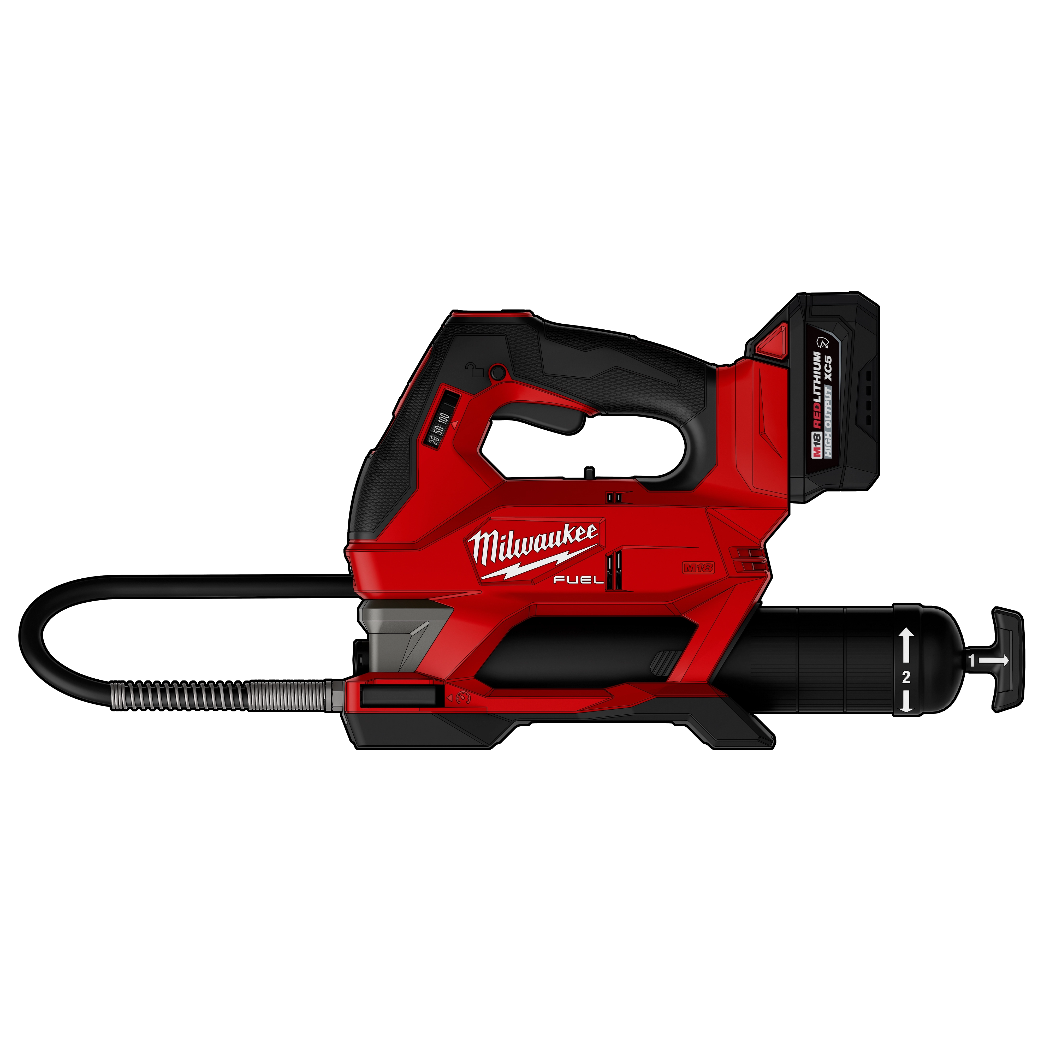 Side view of a red and black cordless M18 FUEL Grease Gun with hose and battery pack attached.