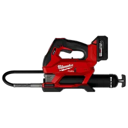 Side view of a red and black cordless M18 FUEL Grease Gun with hose and battery pack attached.