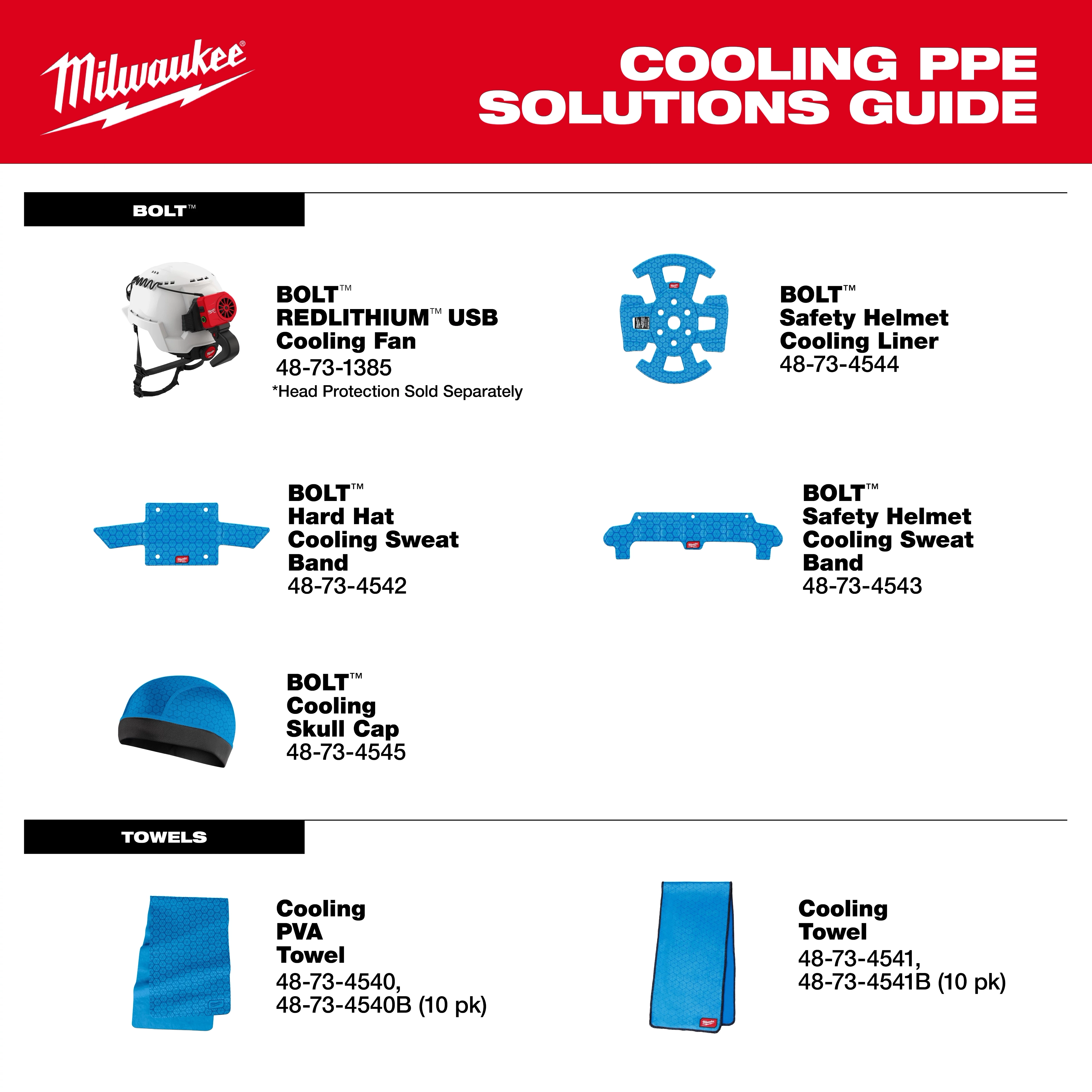 Cooling PPE Solutions Guide featuring various Bolt cooling products including fans, liners, sweat bands, a skull cap, and towels.