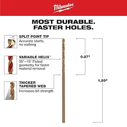 The 1/16 in. Cobalt Red Helix Twist Drill Bit features a split point tip for accurate starts, a variable helix for faster material removal, and a thicker tapered web for increased strength. The bit measures 0.87 inches in length with a total length of 1.89 inches.