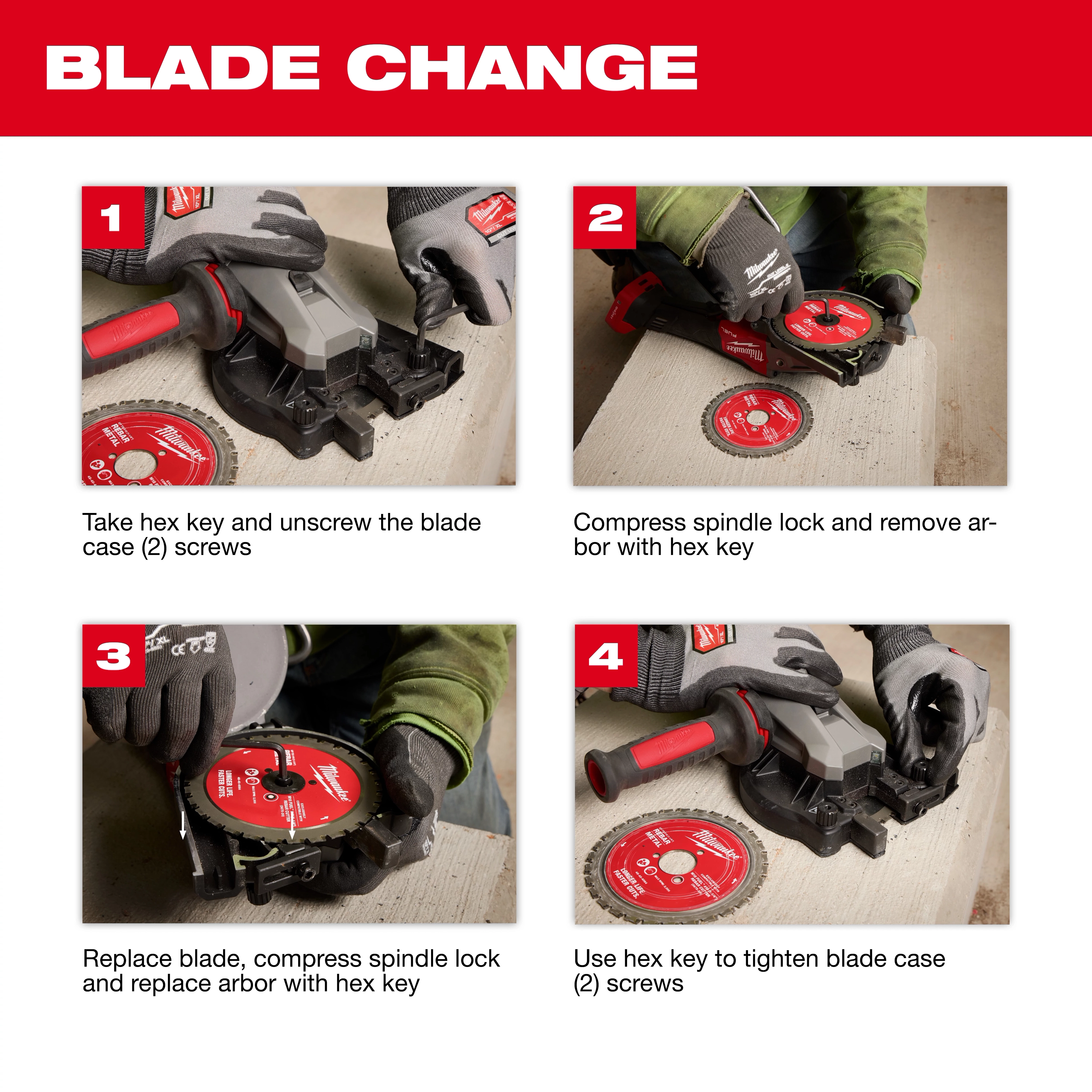 The image shows a step-by-step guide on how to change the blade of an M18 FUEL™ #10 (1-1/4") Rebar Cutter. Four steps involve using an allen key to unscrew, compress spindle lock, replace blade, and tighten blade case screws.
