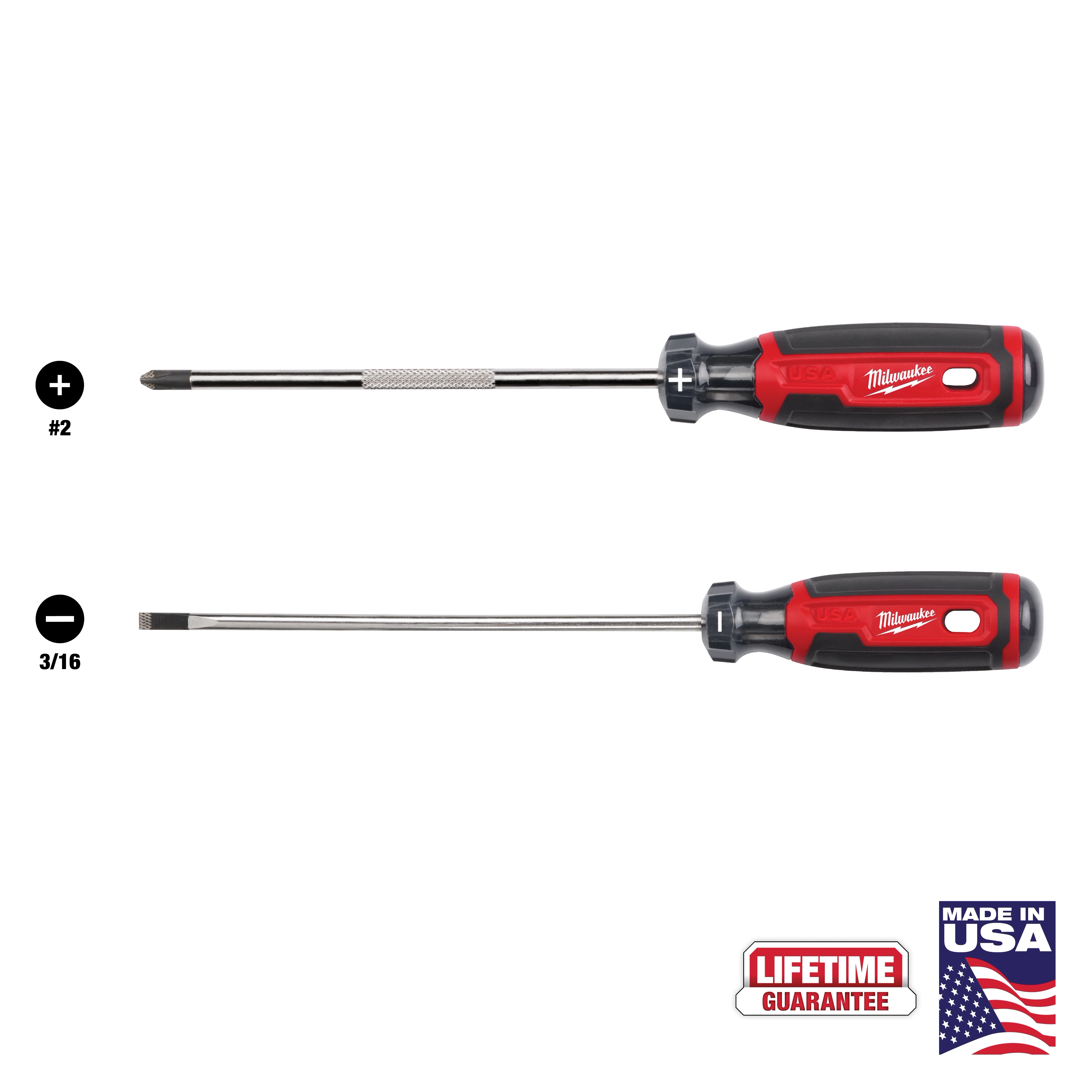 2 PC. Cushion Grip Screwdriver Set (USA) includes a Phillips #2 and a flathead 3/16 screwdriver with a lifetime guarantee.