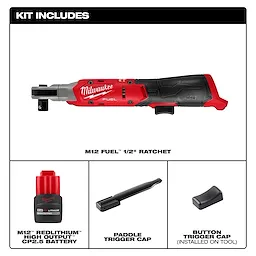 The product image features the M12 FUEL™ 1/2" Ratchet, including a REDLITHIUM™ CP2.5 battery, paddle trigger cap, and button trigger cap (installed on tool).