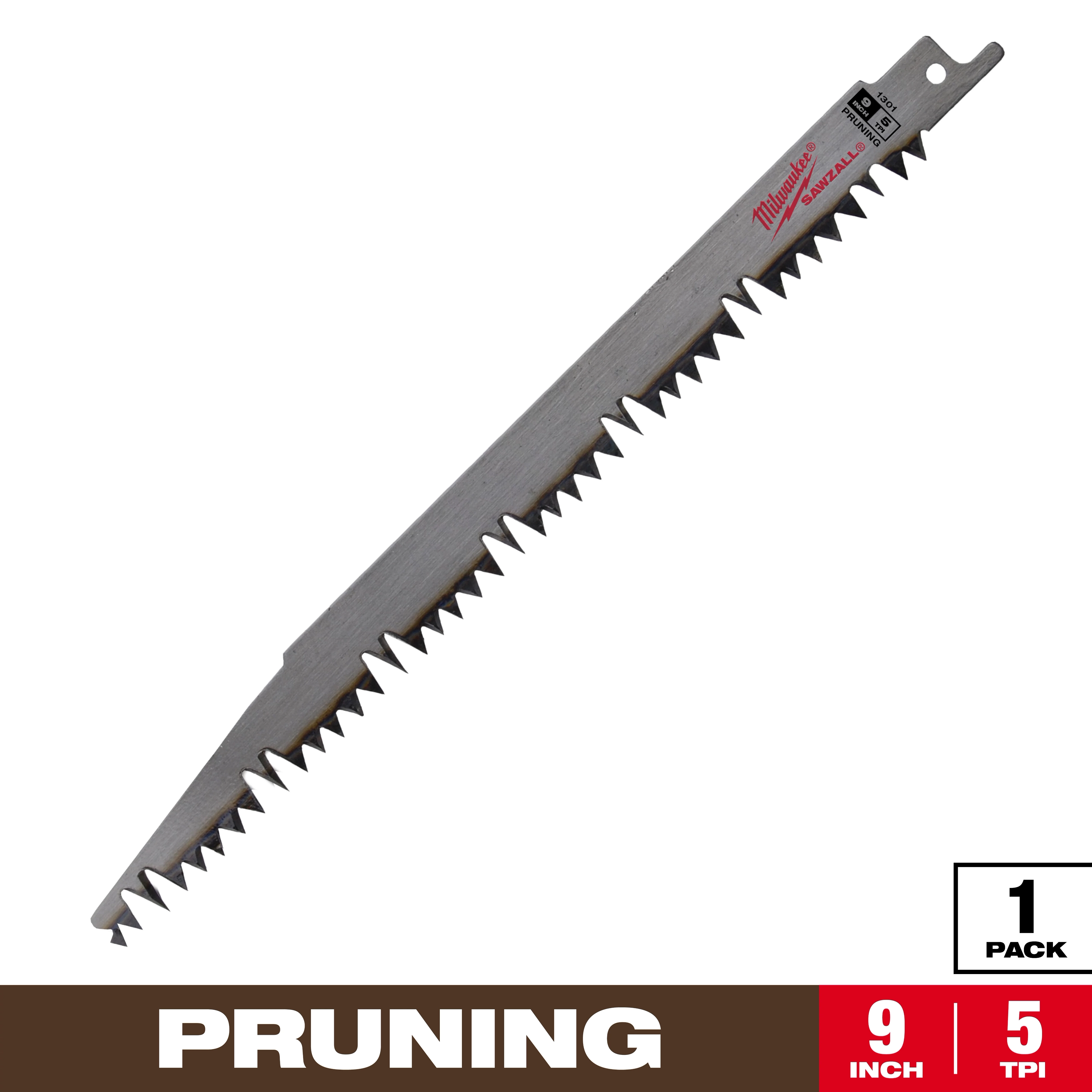 Milwaukee Sawzall pruning blade, 9 inches long with 5 teeth per inch. The blade is silver with sharp, jagged teeth, designed for effective pruning. The packaging indicates one pack. The bottom section highlights the pruning function and dimensions in a brown and red color scheme.