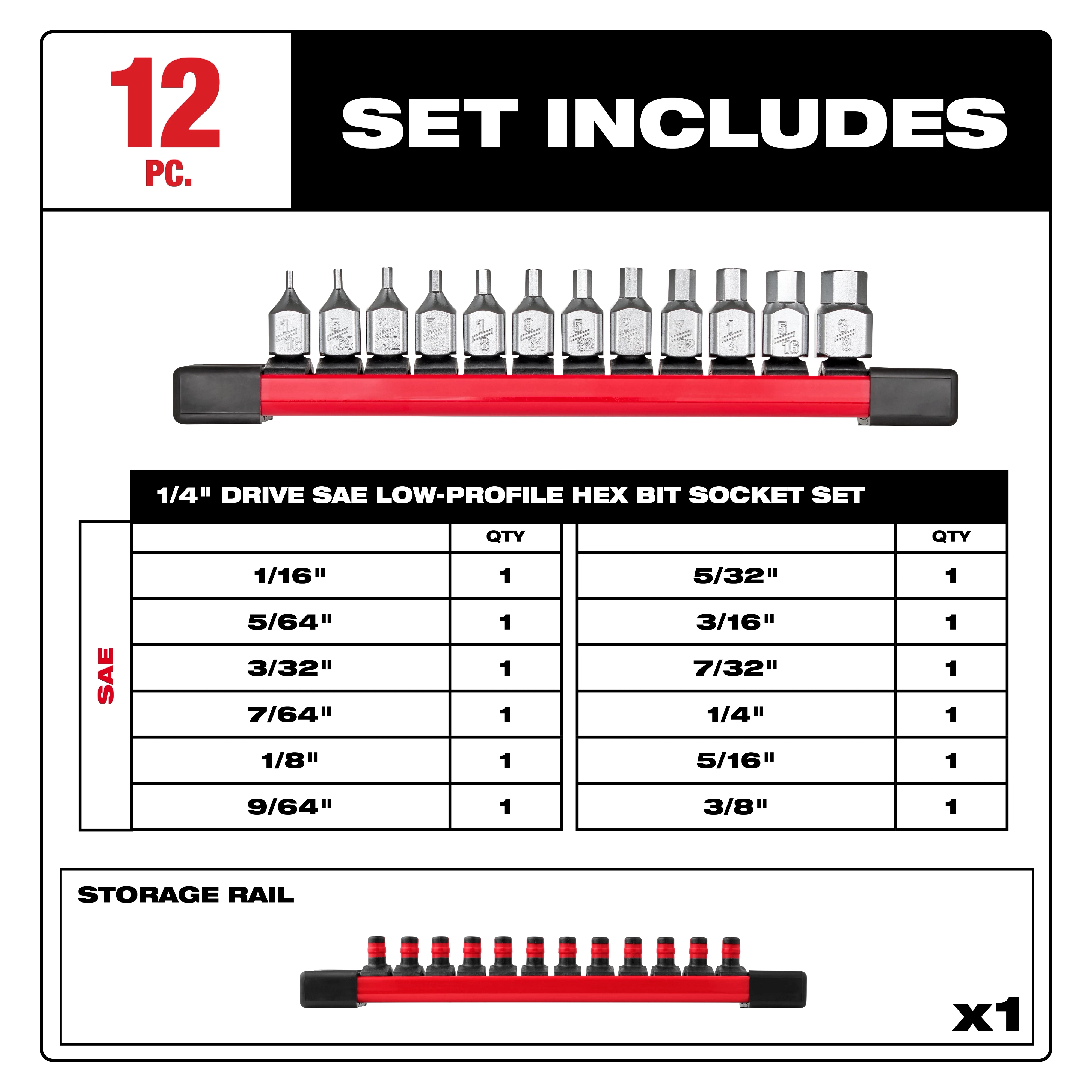 12pc 1/4” Drive Low-Profile Hex Bit Socket Set - SAE includes 12 hex bit sockets with sizes from 1/16” to 3/8” on a red storage rail.