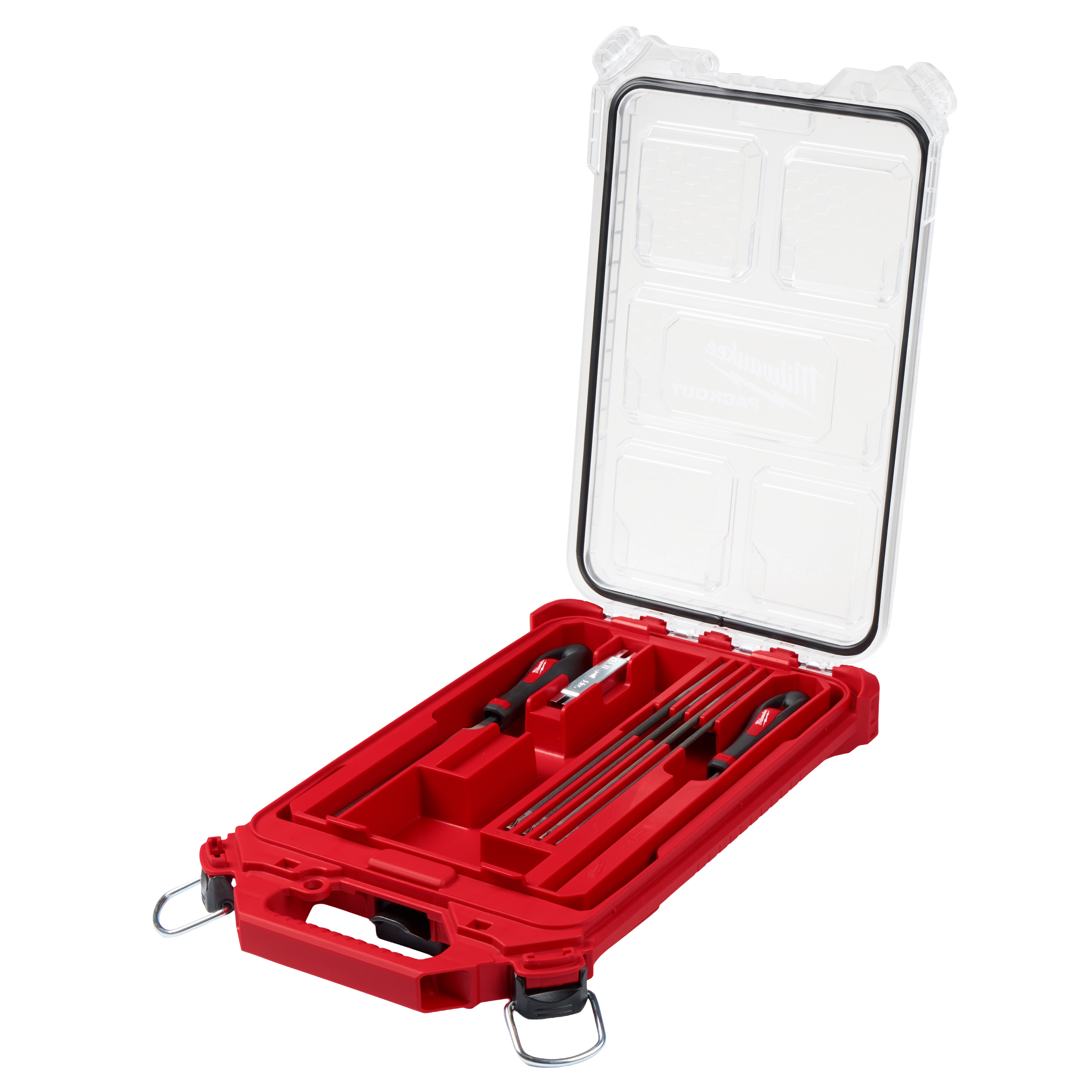 The 9pc Saw Chain Sharpening Set with PACKOUT™ Low-Profile Compact Organizer features a red case with a transparent lid, containing sharpening files, guides, and other tools for saw chain maintenance. The compact design allows for easy storage and transportation.