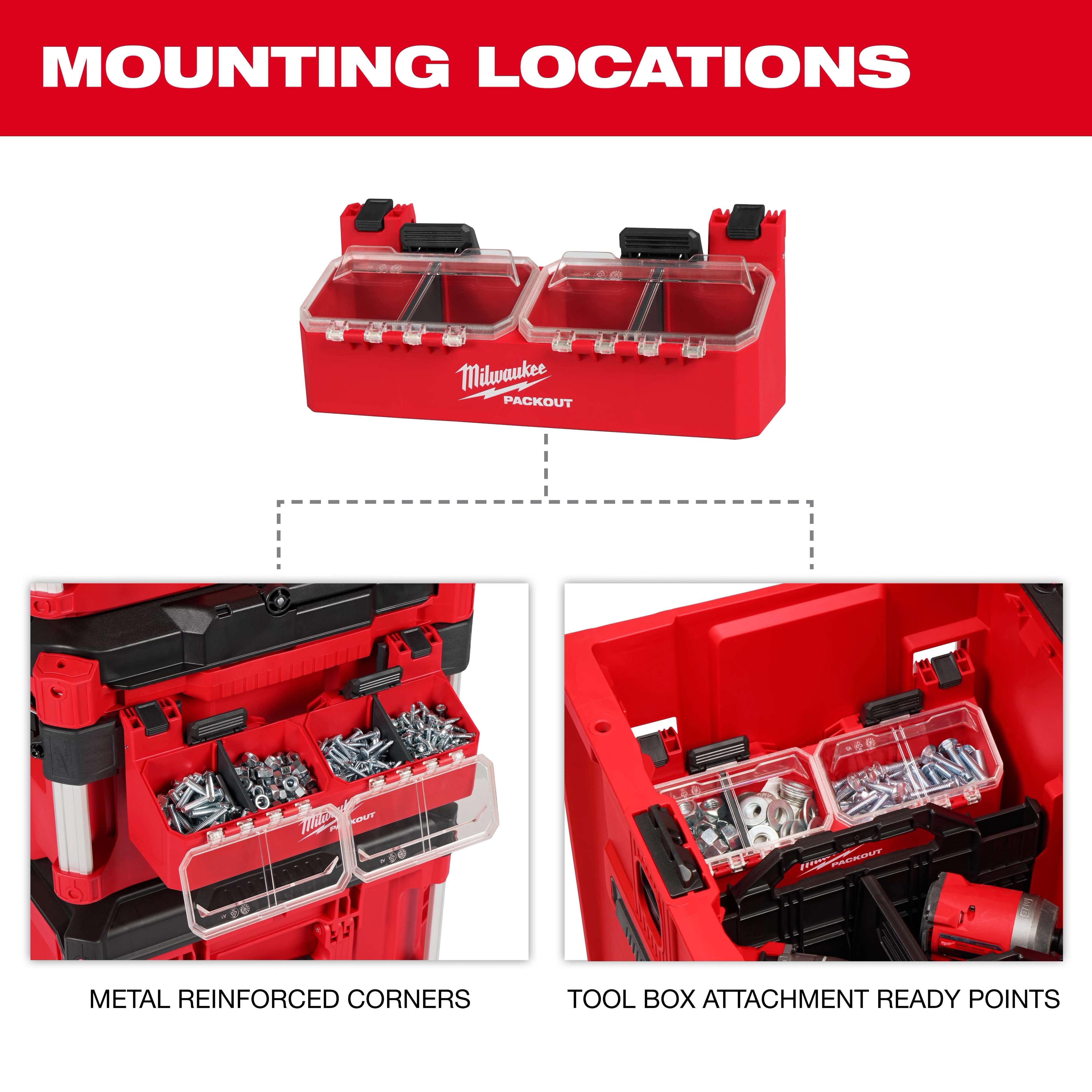 PACKOUT Tool Box 2-Bin Attachment shown with metal reinforced corners and various mounting points on a tool box system.