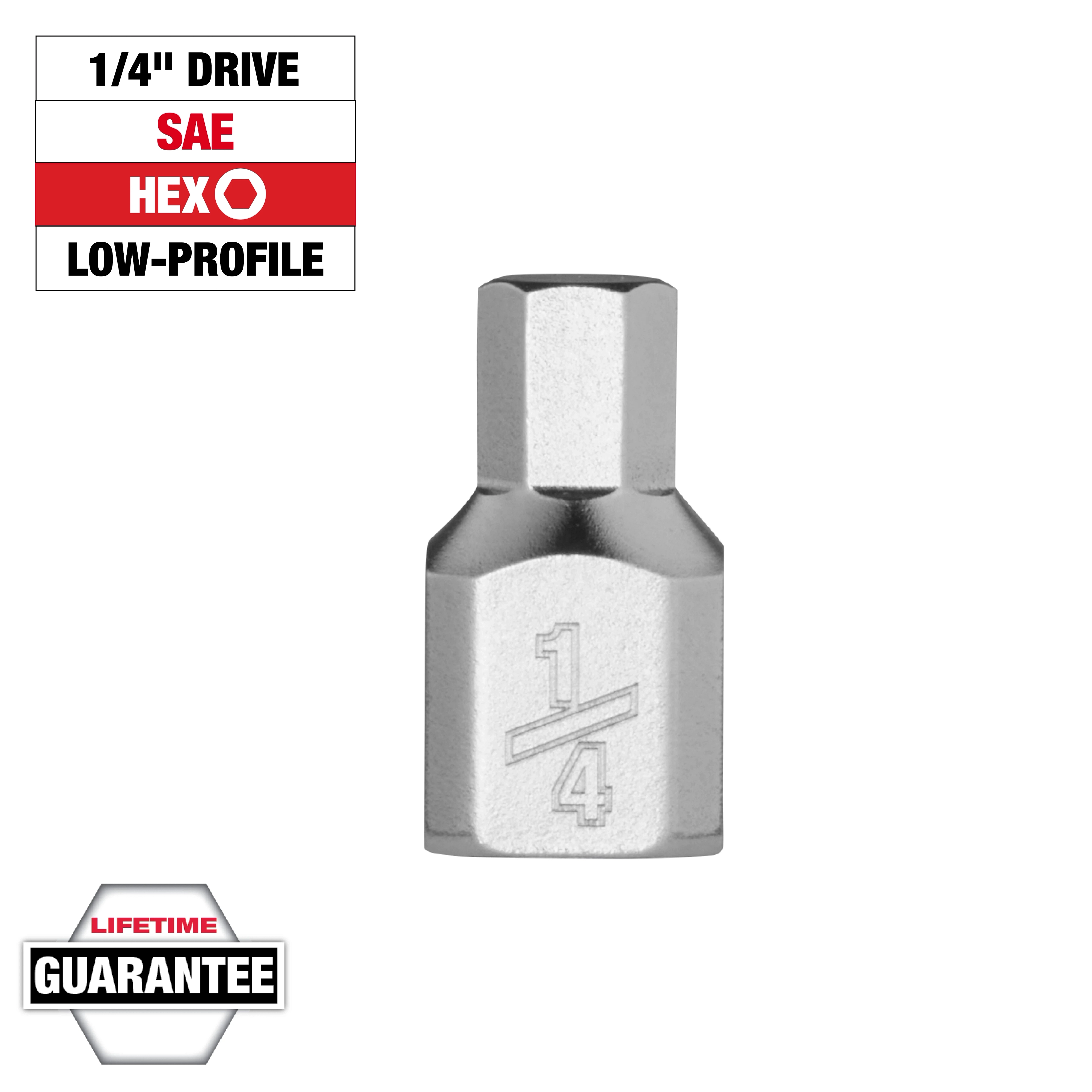 1/4" Drive 1/4" Low-Profile Hex Bit Socket, silver, showcases drive size and low-profile design with lifetime guarantee label.