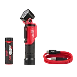 USB Rechargeable Pivoting Flashlight Kit includes a black and red pivoting flashlight, a USB red lithium battery, and a red USB-C charging cable.