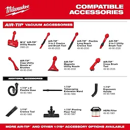 Milwaukee M18 FUEL™ 3-in-1 Backpack Vacuum compatible accessories list, featuring AIR-TIP™ and additional attachments like the 1-7/8" Flexible Hose, Crevice Tool, and HEPA Filter. Accessories include nozzles, utility brushes, extension wands, and more, all shown with part numbers and images.