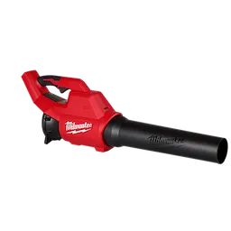 M18 Brushless Blower by Milwaukee features a red and black design. The blower has a large black nozzle for directing airflow and an ergonomic handle for user comfort. The Milwaukee logo is prominently displayed on the body of the blower and nozzle.  Machine is cordless.
