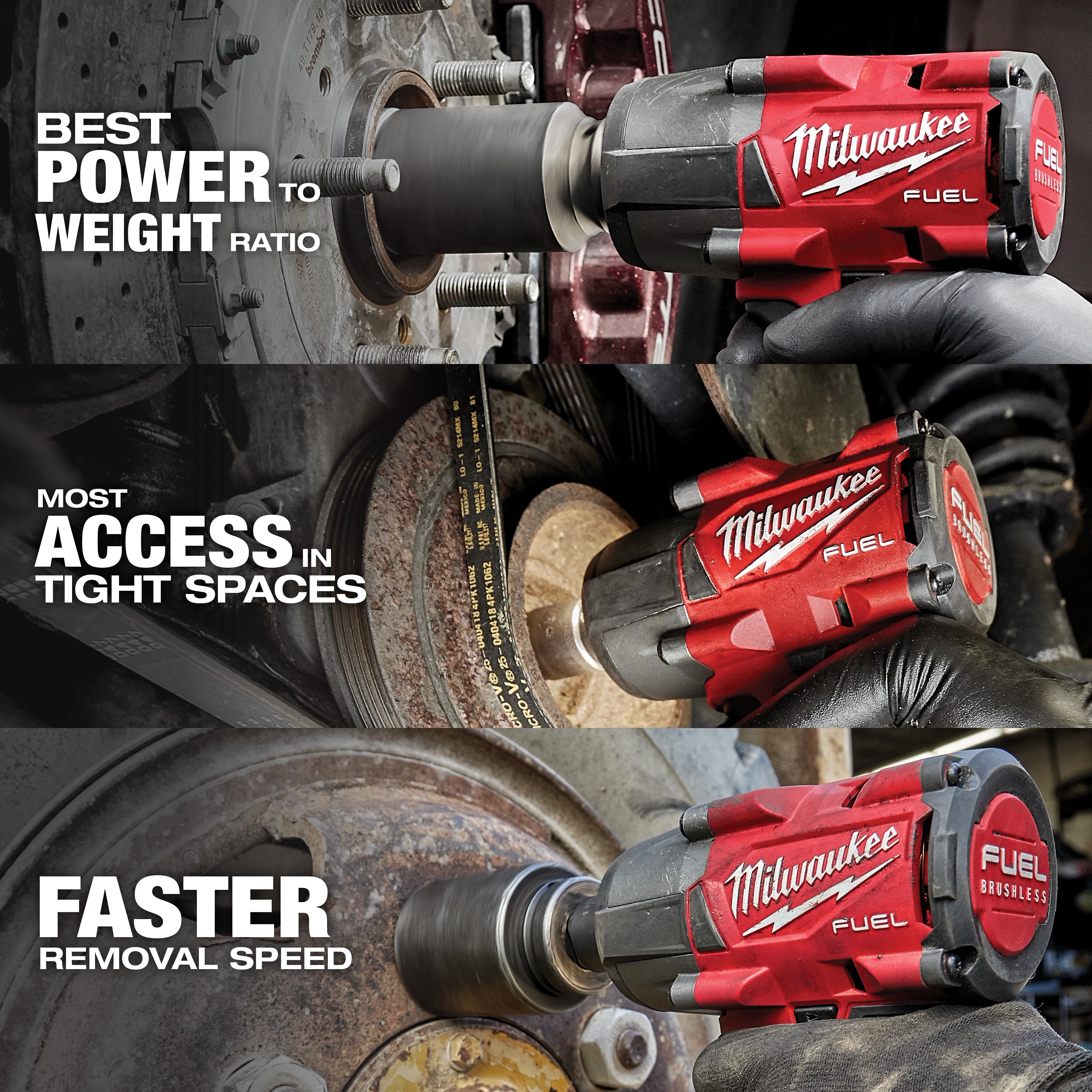 The image shows the M18 FUEL™ & M12 FUEL™ 2-Tool Combo Kit by Milwaukee in action, emphasizing its best power-to-weight ratio, most access in tight spaces, and faster removal speed. The tools are red and black, being used on various mechanical components.