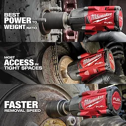 The image shows the M18 FUEL™ & M12 FUEL™ 2-Tool Combo Kit by Milwaukee in action, emphasizing its best power-to-weight ratio, most access in tight spaces, and faster removal speed. The tools are red and black, being used on various mechanical components.