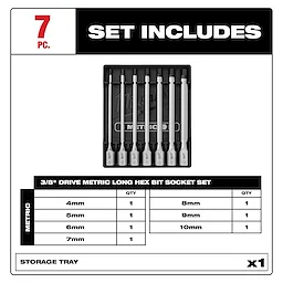 7-piece 3/8" Drive Long Hex Bit Socket Set in metric sizes 4mm to 10mm, includes a storage tray.
