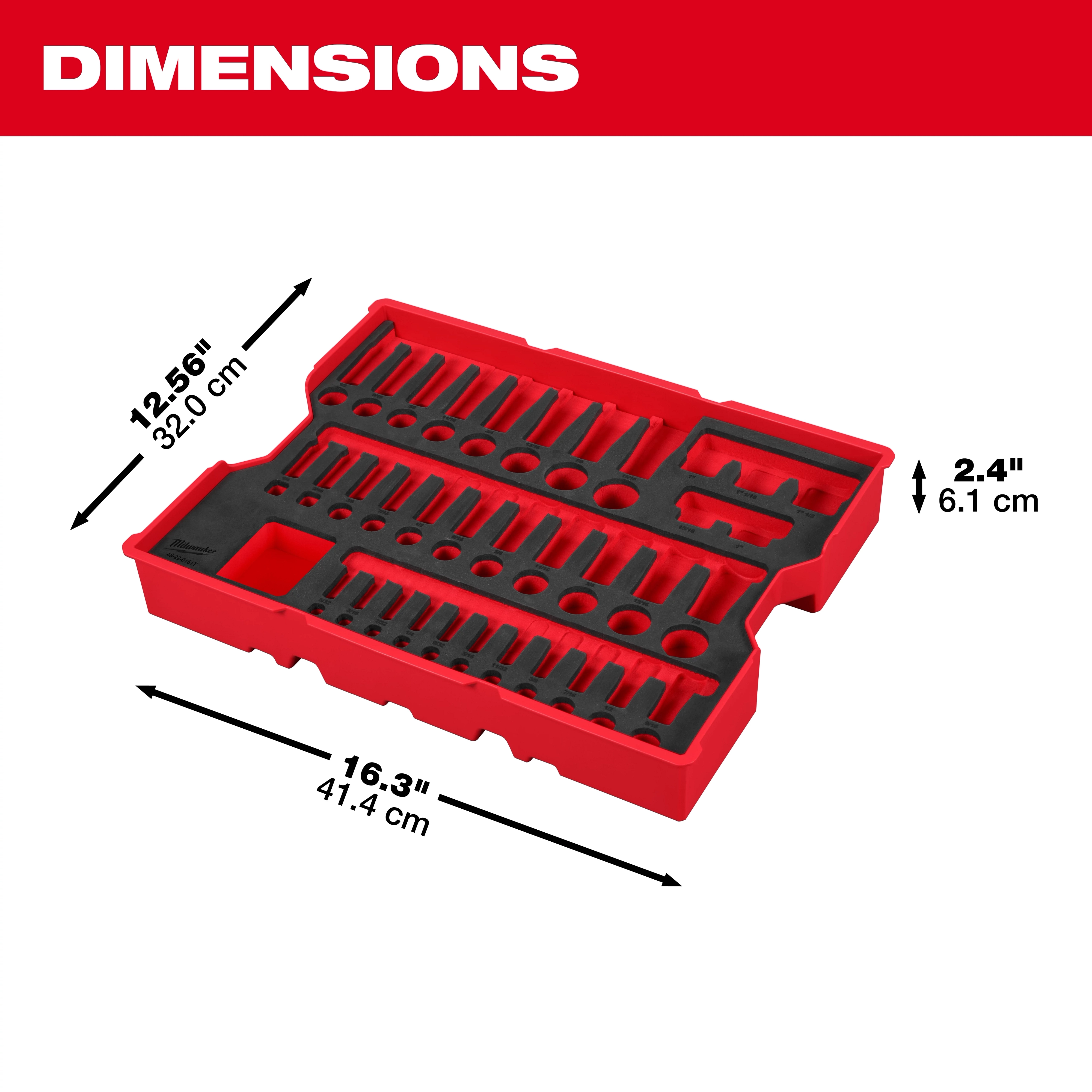 65 pc. 1/4”, 3/8”, & 1/2” Drive SAE Socket Set with Tray for PACKOUT Drawers bare tray with labeled dimensions.