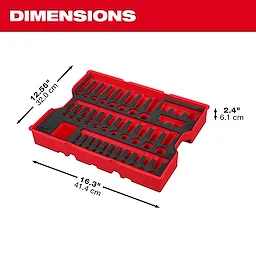 65 pc. 1/4”, 3/8”, & 1/2” Drive SAE Socket Set with Tray for PACKOUT Drawers bare tray with labeled dimensions.