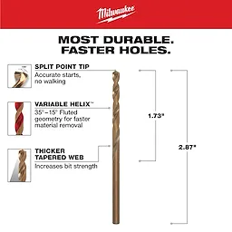 Milwaukee's 9/64 in. Red Helix Cobalt Drill Bit features a split point tip for accurate starts, a variable helix for faster material removal, and a thicker tapered web for increased bit strength. Measures 2.87 inches overall, with a 1.73-inch fluted section. Suitable for durable, faster holes.