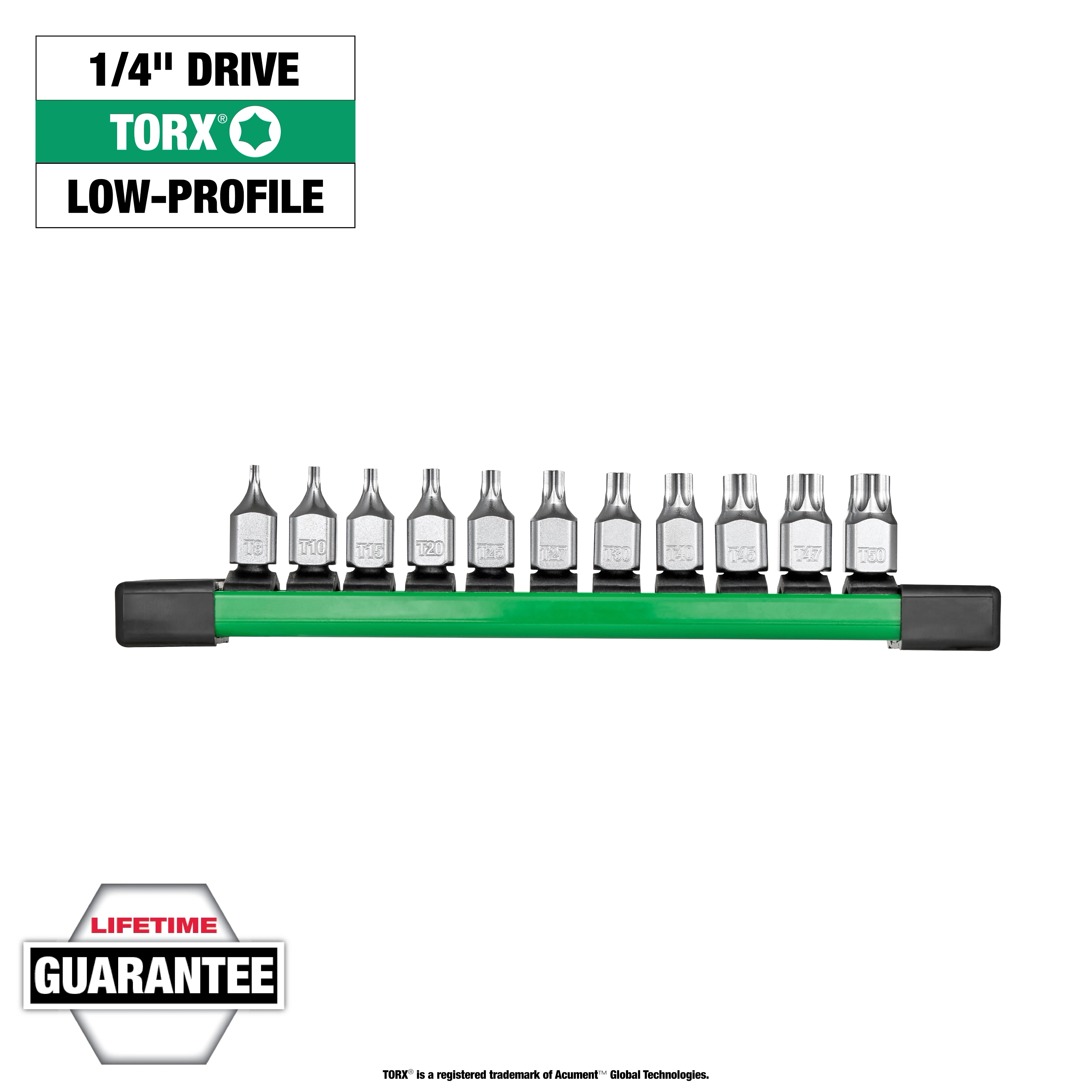 11-piece 1/4" Drive Low-Profile TORX Bit Socket Set with a green holder, featuring TORX bits arranged in a row.