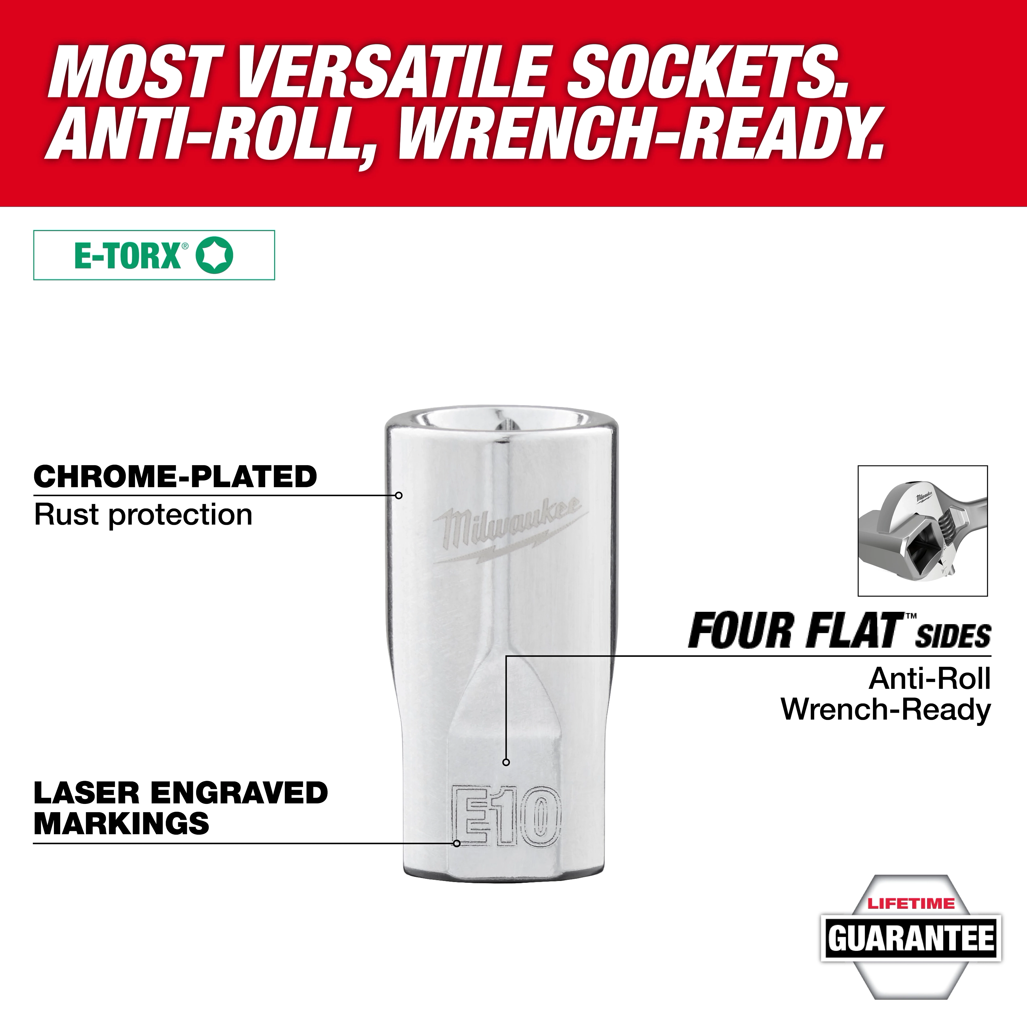 This image shows a 12pc 1/4”, 3/8”, & 1/2” Drive External Torx Socket Set. Features include chrome-plating for rust protection, laser engraved markings, and four flat sides for anti-roll and wrench-readiness. The set includes a lifetime guarantee.