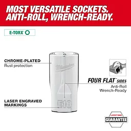 This image shows a 12pc 1/4”, 3/8”, & 1/2” Drive External Torx Socket Set. Features include chrome-plating for rust protection, laser engraved markings, and four flat sides for anti-roll and wrench-readiness. The set includes a lifetime guarantee.