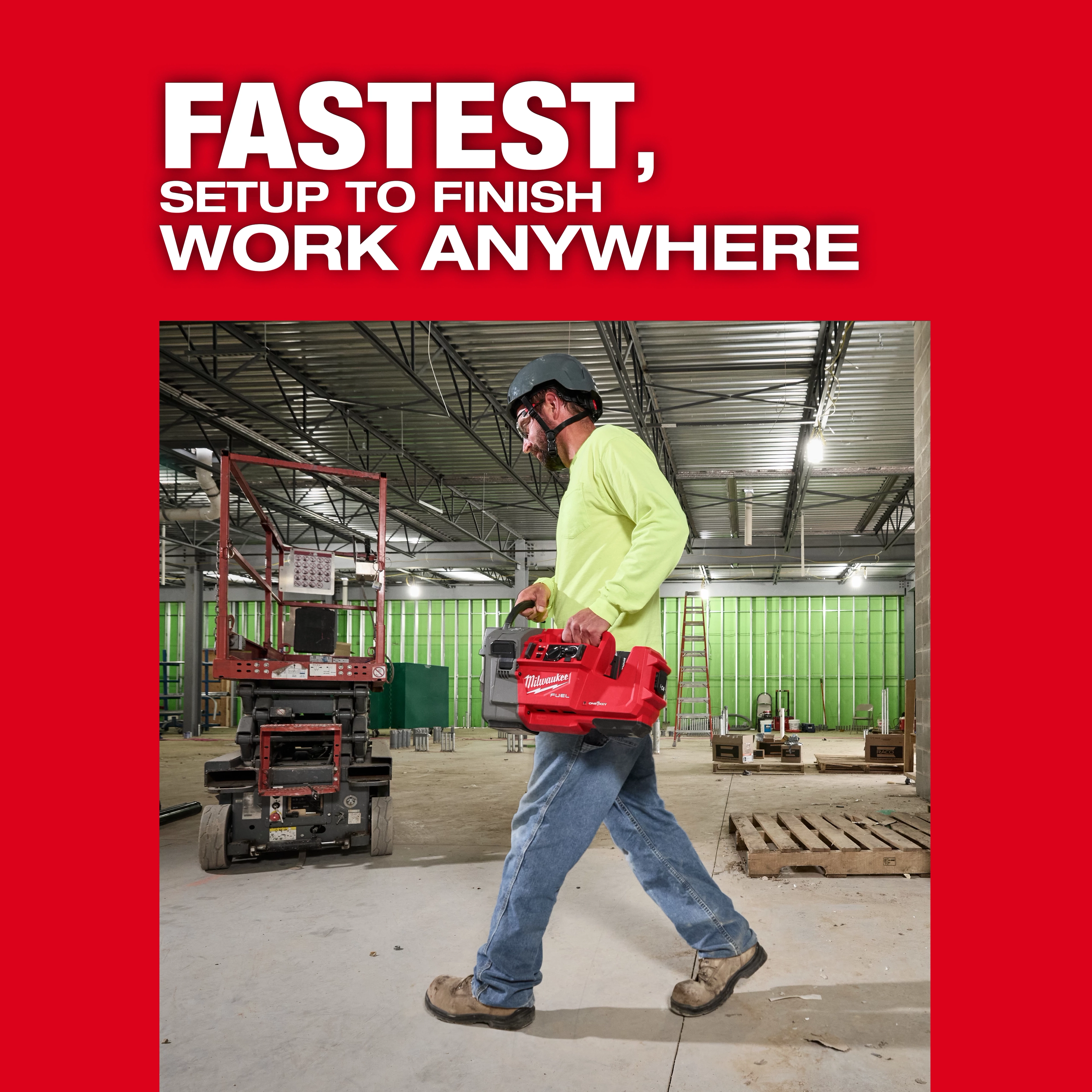 A construction worker carries an M18 FUEL™ RINGER™ Roll Groover for 2” – 6” Sch 10/40 inside a building under construction. The background shows construction equipment and tools. The text at the top reads, "Fastest setup to finish work anywhere."
