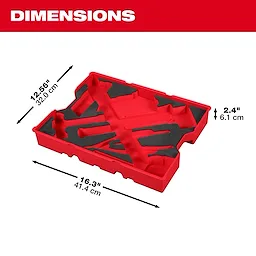 Bare Tray for 9pc. Pliers & Wrench Set for PACKOUT Drawers is a red plastic tray with customized slots. Dimensions are 12.56 inches (32.0 cm) in width, 16.3 inches (41.4 cm) in length, and 2.4 inches (6.1 cm) in height, designed for organization within PACKOUT drawers.