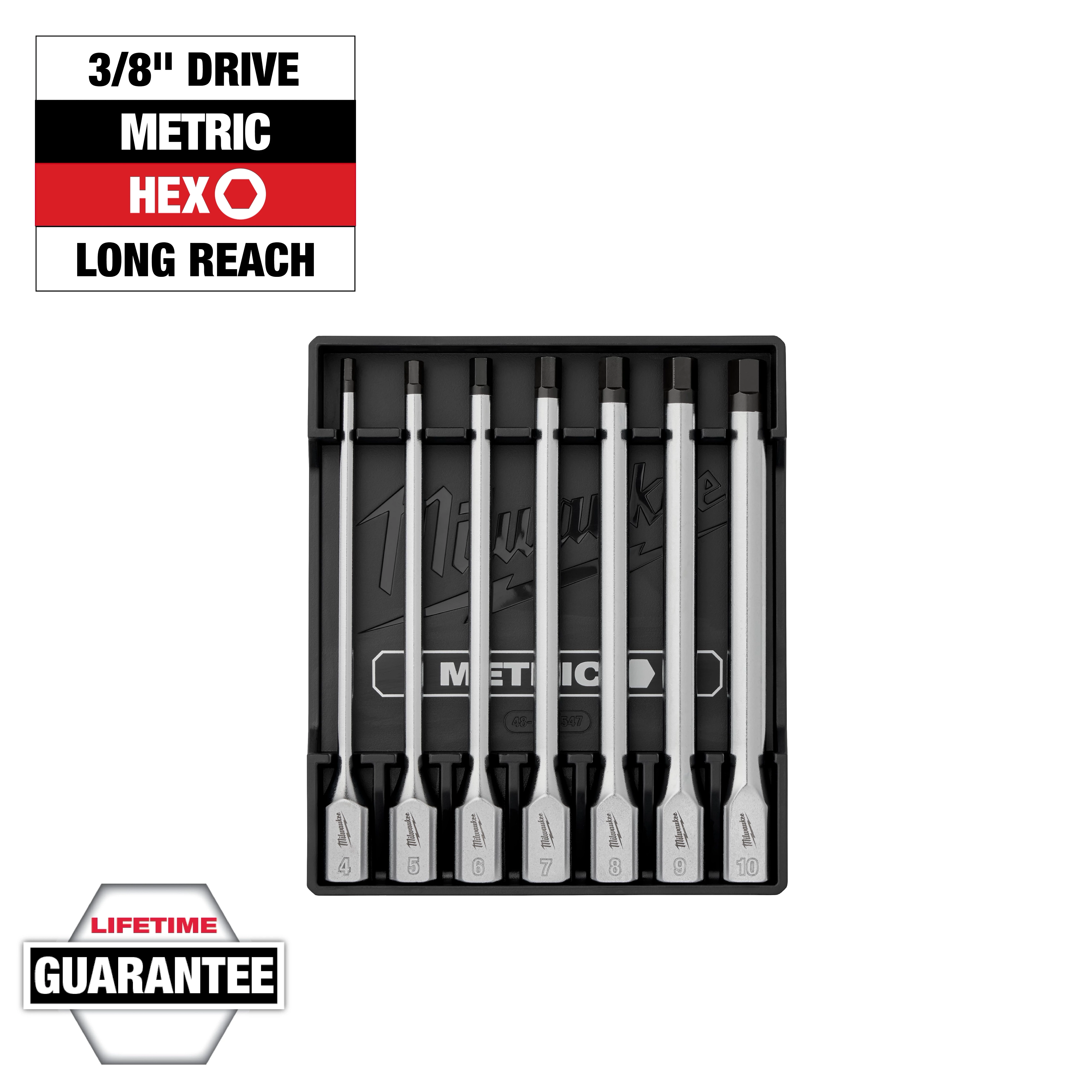 7-piece 3/8" Drive Long Hex Bit Socket Set - Metric, displayed in a black case with sizes ranging from 3 to 10 mm.