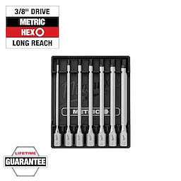 7-piece 3/8" Drive Long Hex Bit Socket Set - Metric, displayed in a black case with sizes ranging from 3 to 10 mm.
