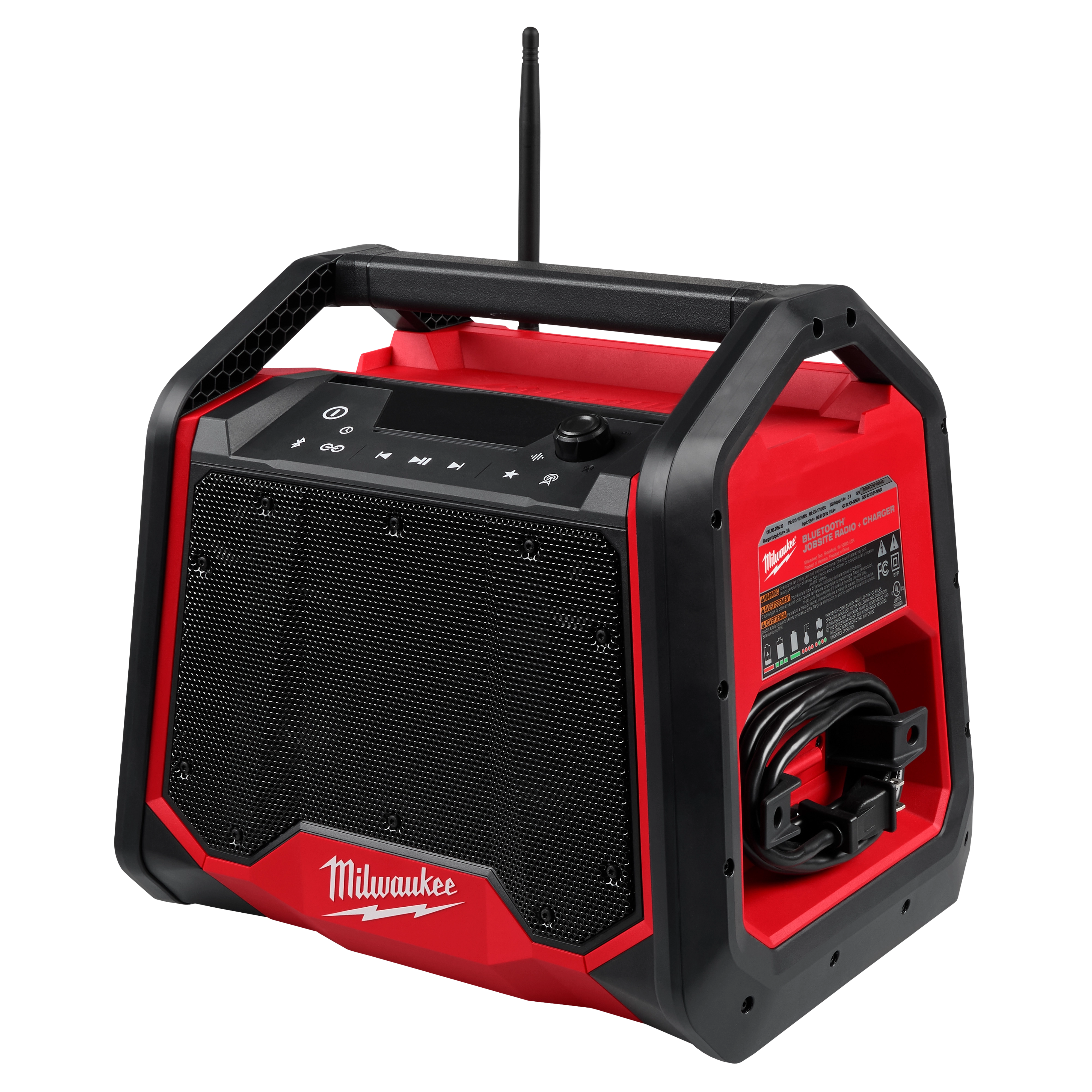 The Milwaukee M18™ Bluetooth® Jobsite Radio + Charger features a sturdy red and black design with a large speaker grille, control buttons on top, and a side compartment for cable storage. The device offers Bluetooth connectivity and charging capabilities for other devices, making it ideal for job sites.