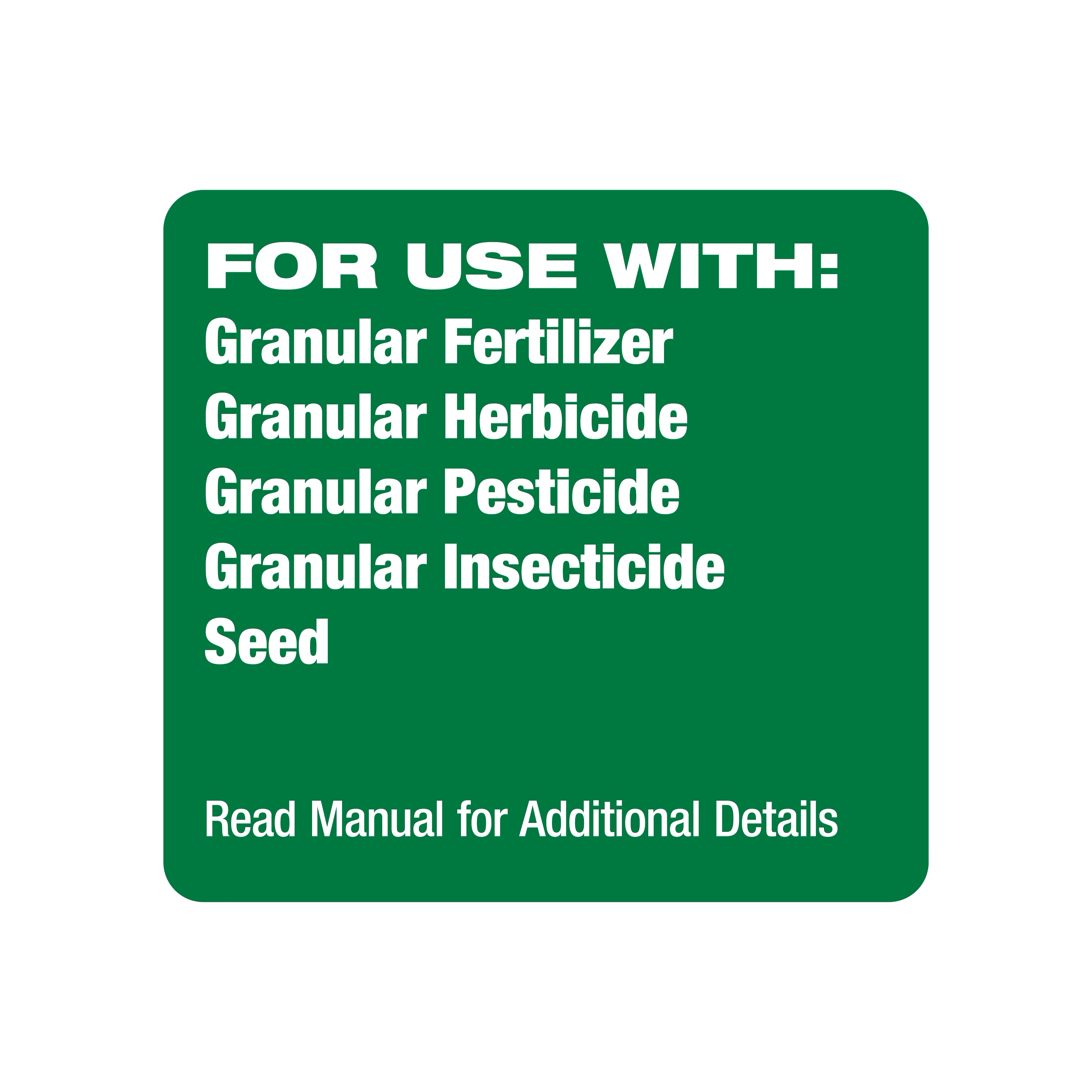 Label listing materials the M12 Handheld Broadcast Spreader can use, including granular products and seed.