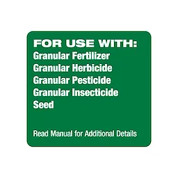 Label listing materials the M12 Handheld Broadcast Spreader can use, including granular products and seed.