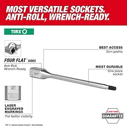 1/4” and 3/8” Drive Long TORX Bit Socket Set. Features anti-roll sides, slim profile for best access, and laser-engraved markings.
