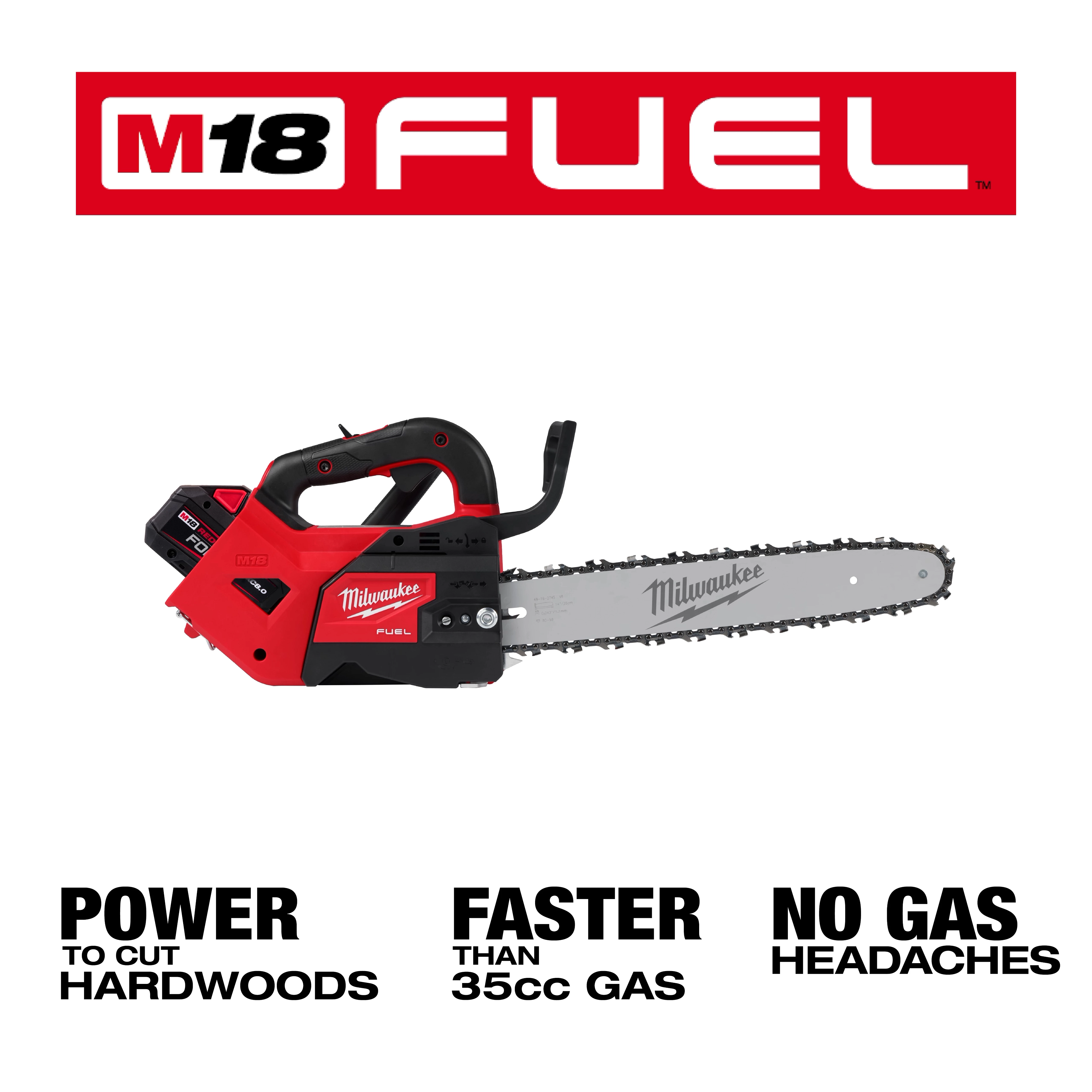 Image of an M18 FUEL™ 12" Top Handle Chainsaw. The chainsaw is red and black with a 12-inch blade labeled Milwaukee. Above the chainsaw is the M18 FUEL™ logo. Below are text phrases: "POWER TO CUT HARDWOODS," "FASTER THAN 35cc GAS," and "NO GAS HEADACHES."