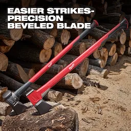 Two 36" Splitting Axes with red handles and black heads are placed against a pile of chopped logs. Text: "Easier Strikes - Precision Beveled Blade."