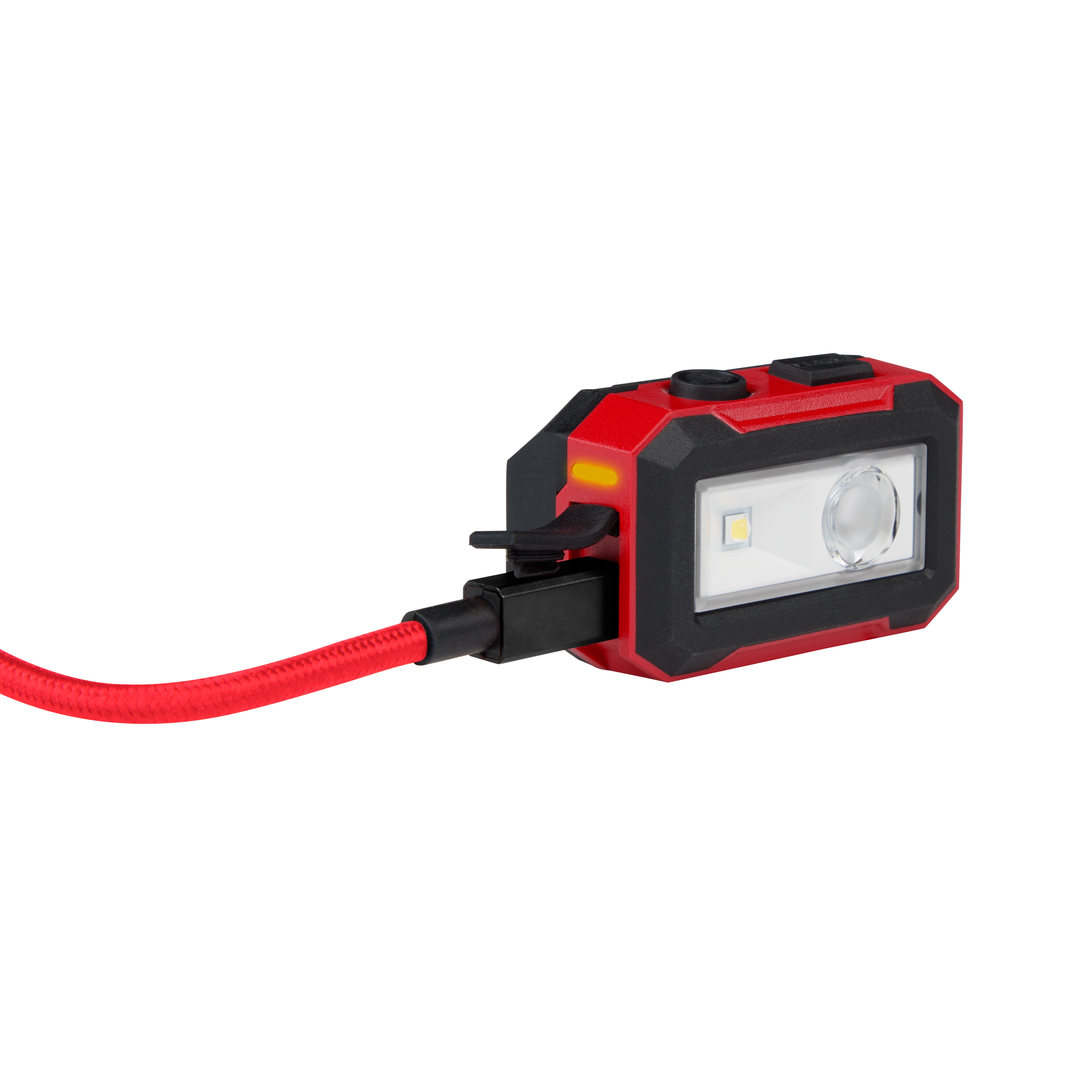 The Milwaukee® Rechargeable Magnetic Headlamp and Task Light features a rectangular, red and black body with a front-facing LED light and a red cable attached. It has two black buttons on top and a magnetic base for mounting.