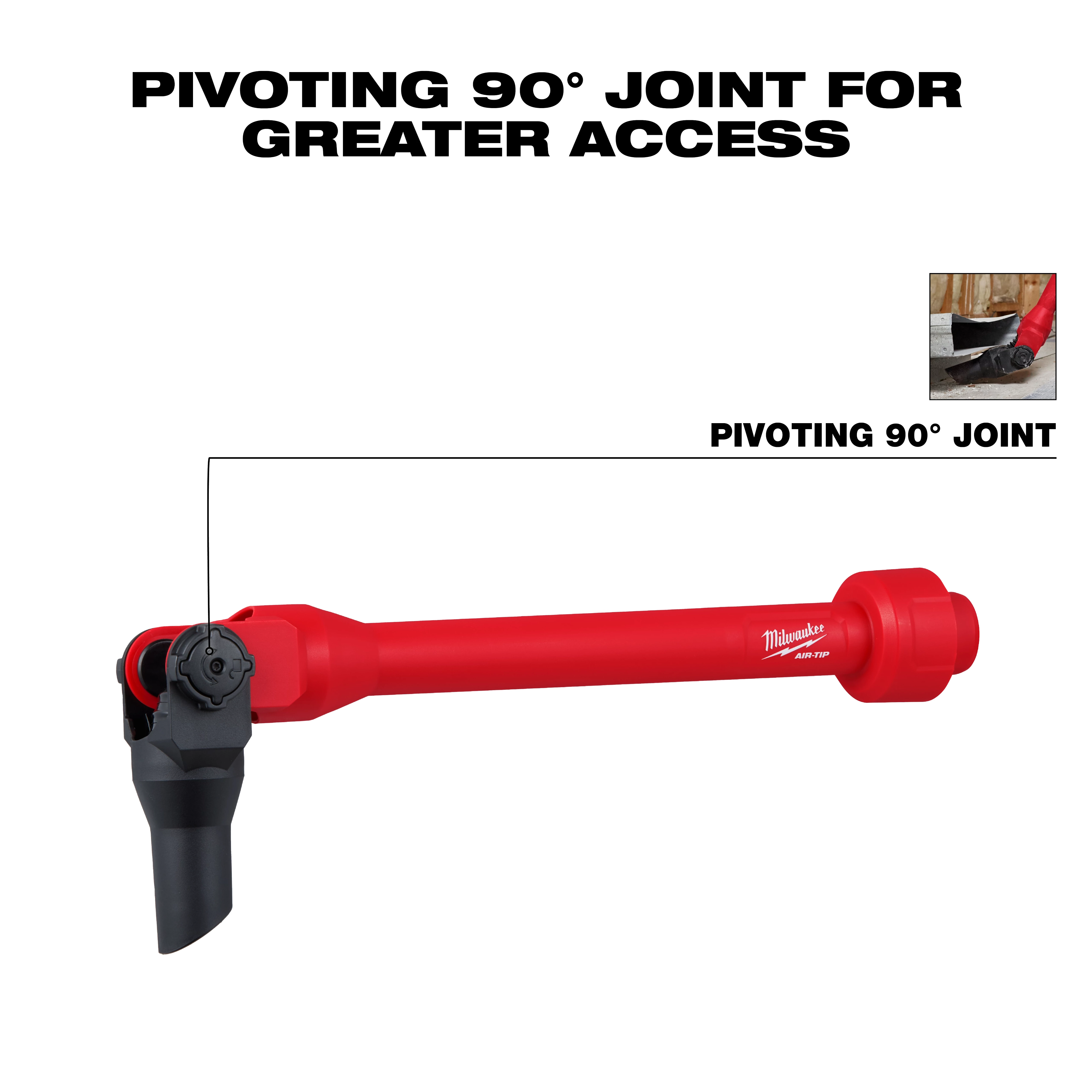 Image of an AIR-TIP™ Pivoting Extension Wand, showing a red extension tool with a black pivoting 90° joint at one end. Text reads "PIVOTING 90° JOINT FOR GREATER ACCESS" with an inset image demonstrating the tool in use.