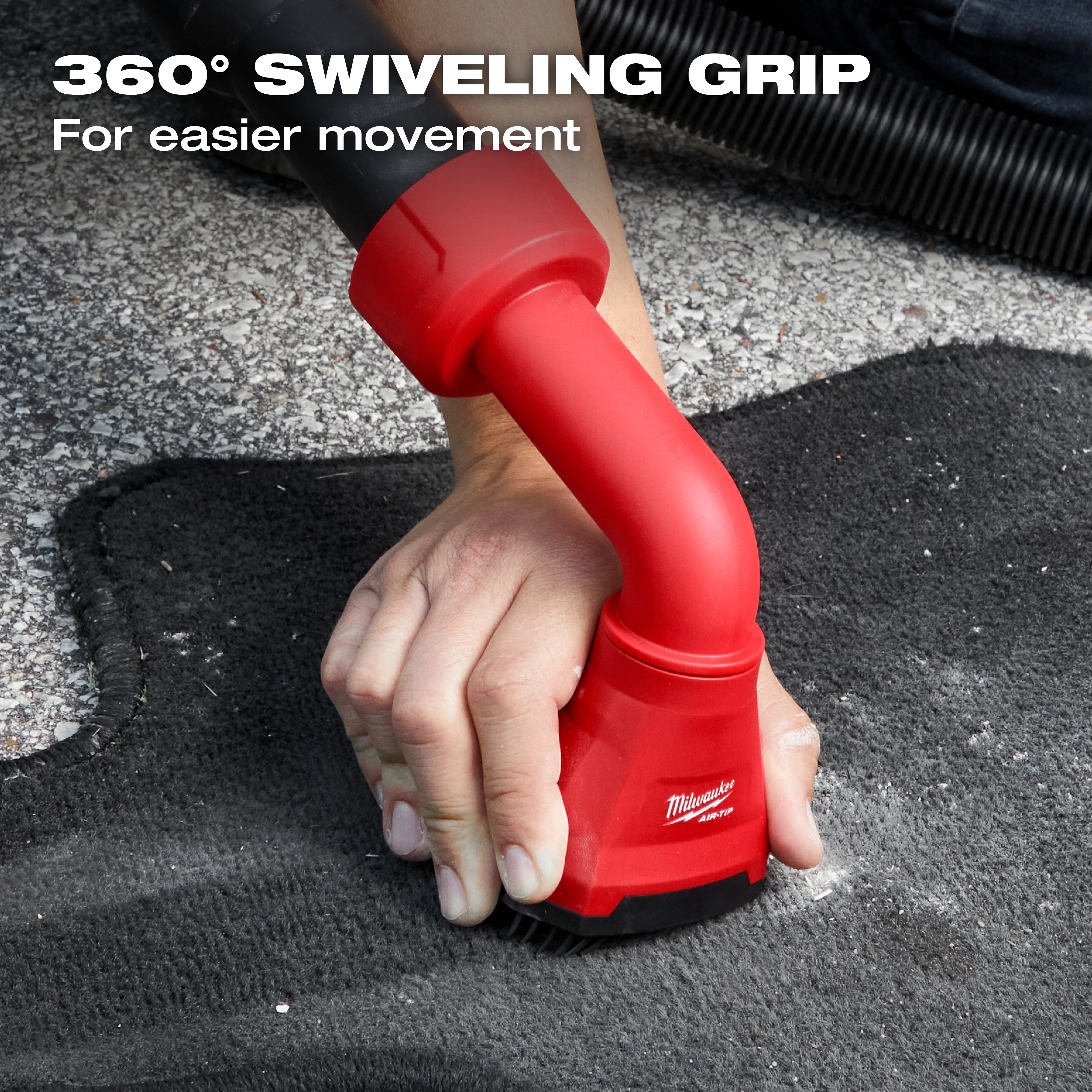 A person is using the AIR-TIP™ Swiveling Palm Brush on a carpet. The tool has a red handle with a 360° swiveling grip, designed for easier movement. Text on the image reads, "360° SWIVELING GRIP For easier movement."