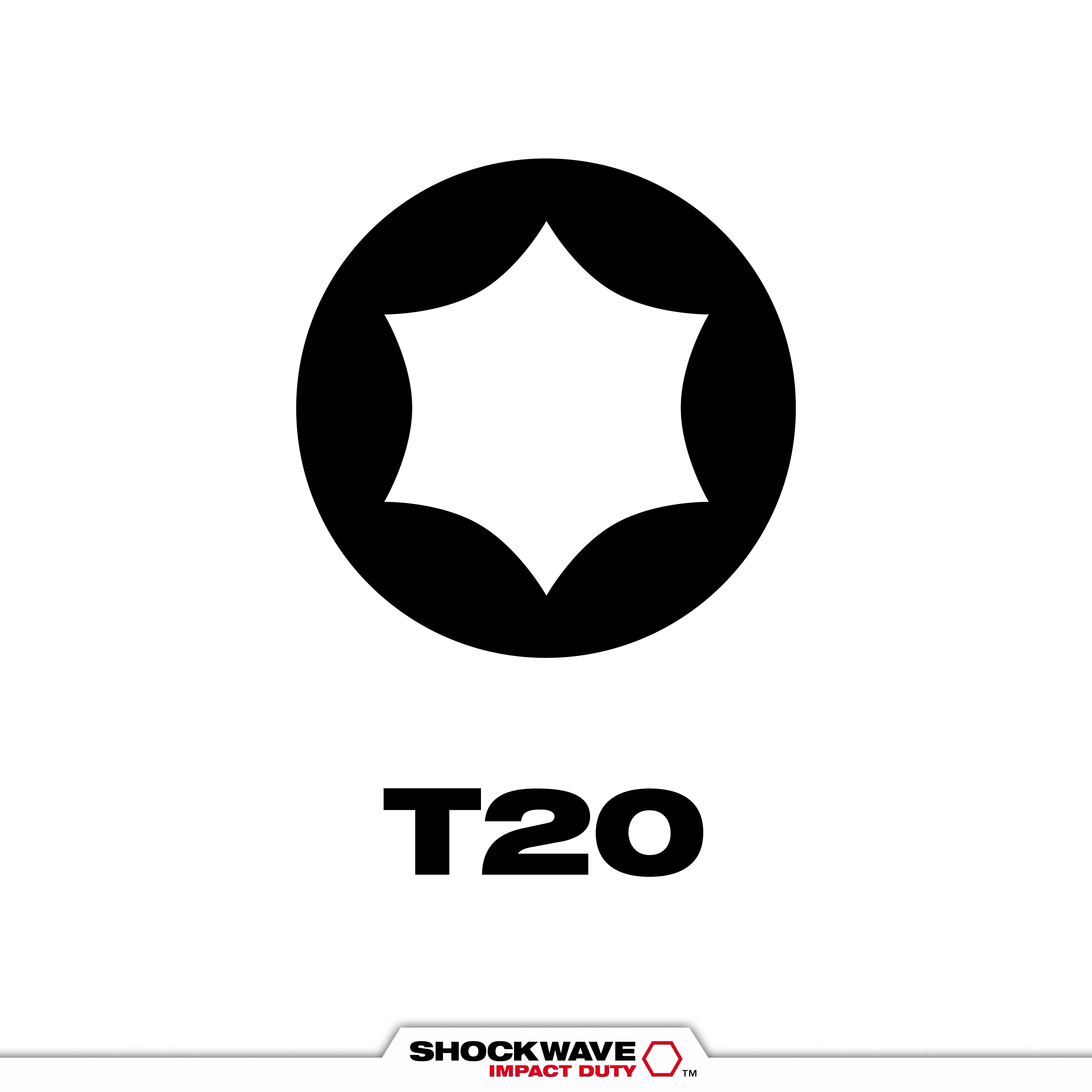 Image of the SHOCKWAVE™ T20 Tip Type icon, a T20 star-shaped symbol within a black circle, with "T20" text underneath. The logo "SHOCKWAVE IMPACT DUTY™" is at the bottom.