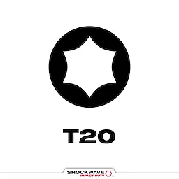Image of the SHOCKWAVE™ T20 Tip Type icon, a T20 star-shaped symbol within a black circle, with "T20" text underneath. The logo "SHOCKWAVE IMPACT DUTY™" is at the bottom.