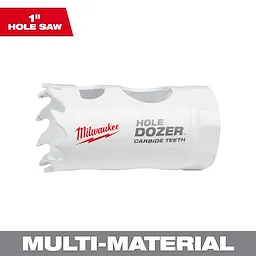 1" HOLE DOZER with Carbide Teeth Hole Saw in white, featuring jagged cutting edges and multi-material capabilities.