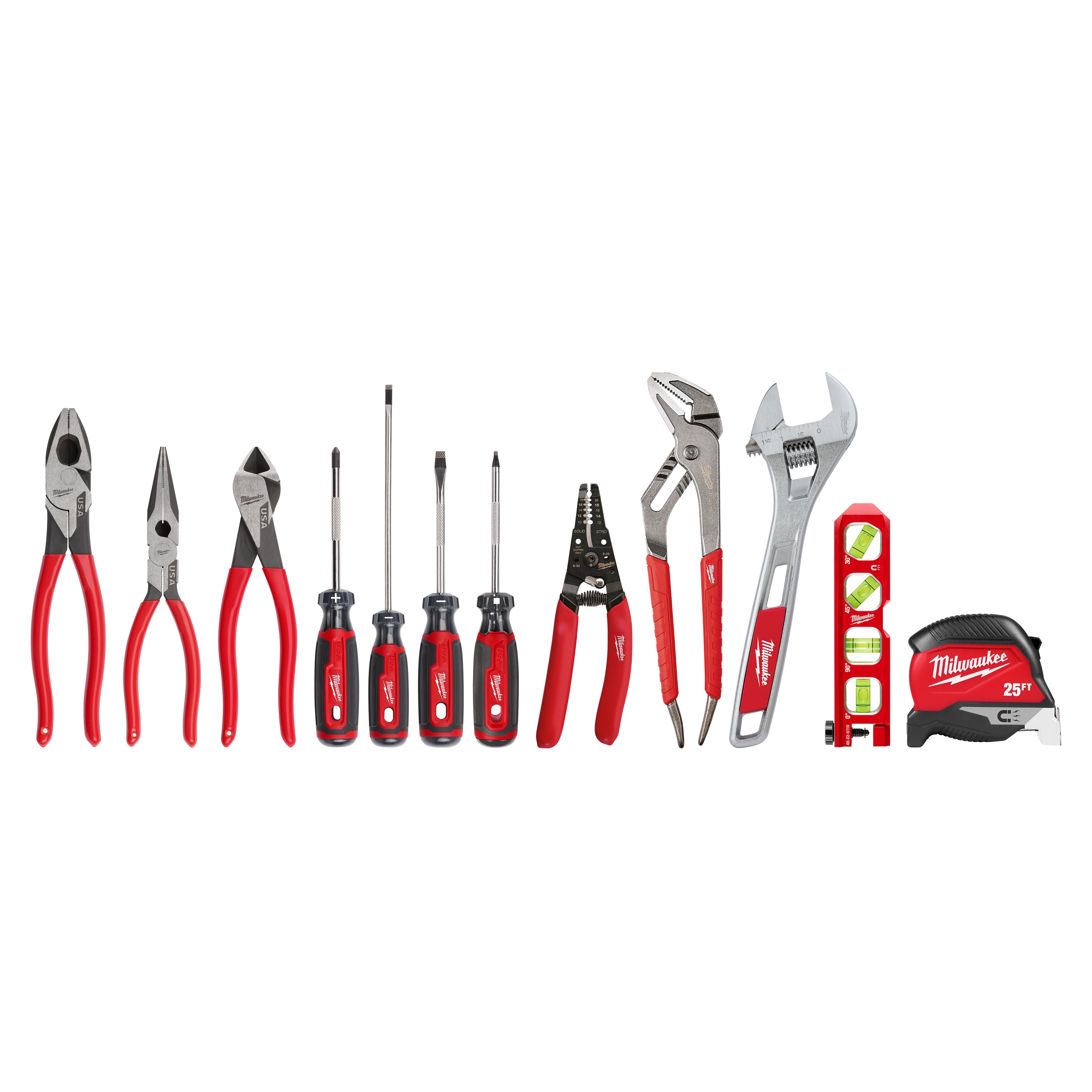 The 12 PC. Electrical Hand Tool Set includes pliers, wire cutters, screwdrivers, wire strippers, adjustable wrenches, a level, and a measuring tape. All tools have red handles, and the measuring tape shows "Milwaukee 25ft" branding.