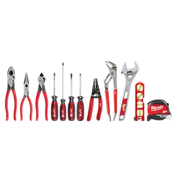 The 12 PC. Electrical Hand Tool Set includes pliers, wire cutters, screwdrivers, wire strippers, adjustable wrenches, a level, and a measuring tape. All tools have red handles, and the measuring tape shows "Milwaukee 25ft" branding.