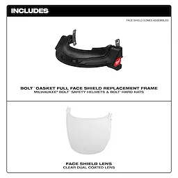 The image includes a BOLT™ gasket full face shield replacement frame for Milwaukee® BOLT™ safety helmets and hard hats, along with a clear dual-coated face shield lens. The components are shown separately with text descriptions underneath. The face shield comes assembled.