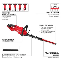 The image shows an M18 FUEL™ 24" Hedge Trimmer with labeled features, including a 5-position rotating handle, 1-1/4" blade gap, blade tip guard, secondary bail handle switch, clippings sweep attachment, and 24" double-sided dual sharpened blades. The tool is red and black with a detailed diagram of its components.