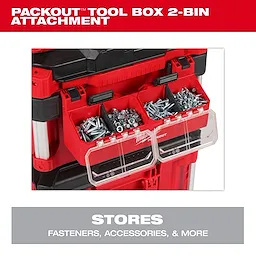 PACKOUT Tool Box 2-Bin Attachment with two red bins storing various fasteners, mounted on a larger tool storage system.