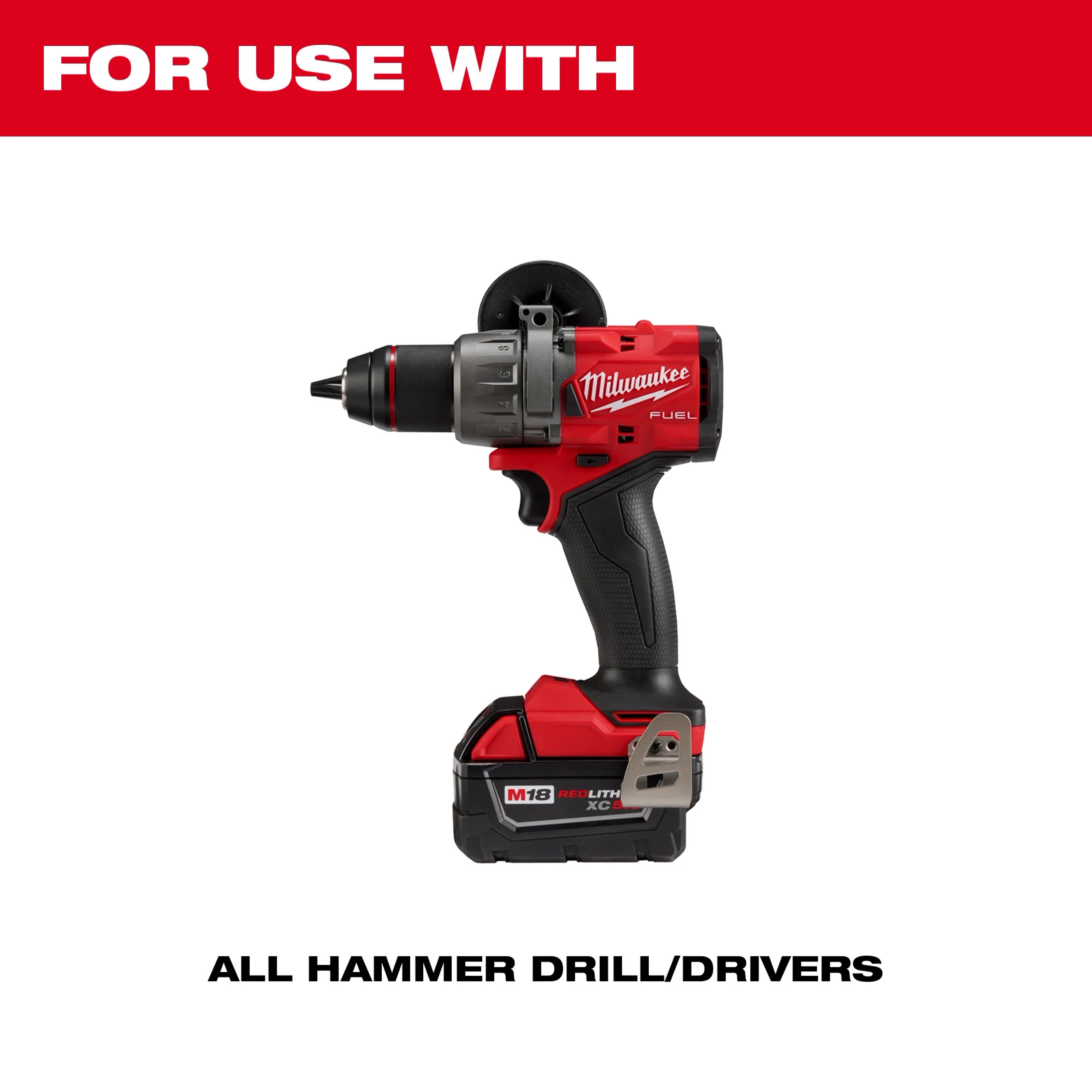 Rebar Cutter Image Reel compatible with all hammer drill/drivers, featuring a red and black battery-powered hammer drill/driver.