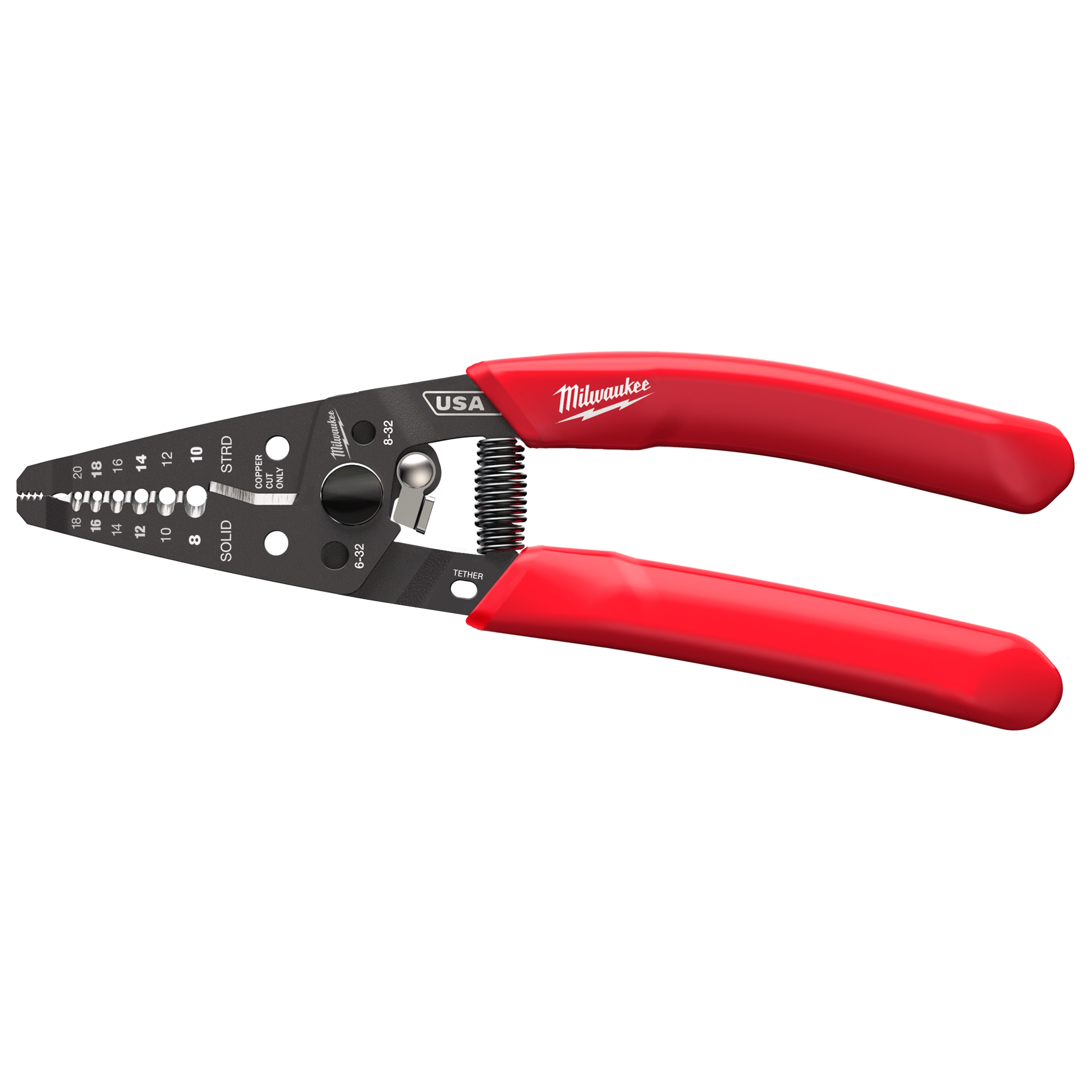 The 8-20 AWG Dipped Grip Wire Stripper & Cutter (USA) features a black metal head with various cutting slots and settings and a red handle with a dipped grip for comfort. The tool is spring-loaded for ease of use and prominently displays the "USA" marking and manufacturer branding.